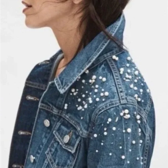 Anthropologie Pilcro Embellished Distressed Denim Trucker Jacket Size Small - Picture 15 of 16